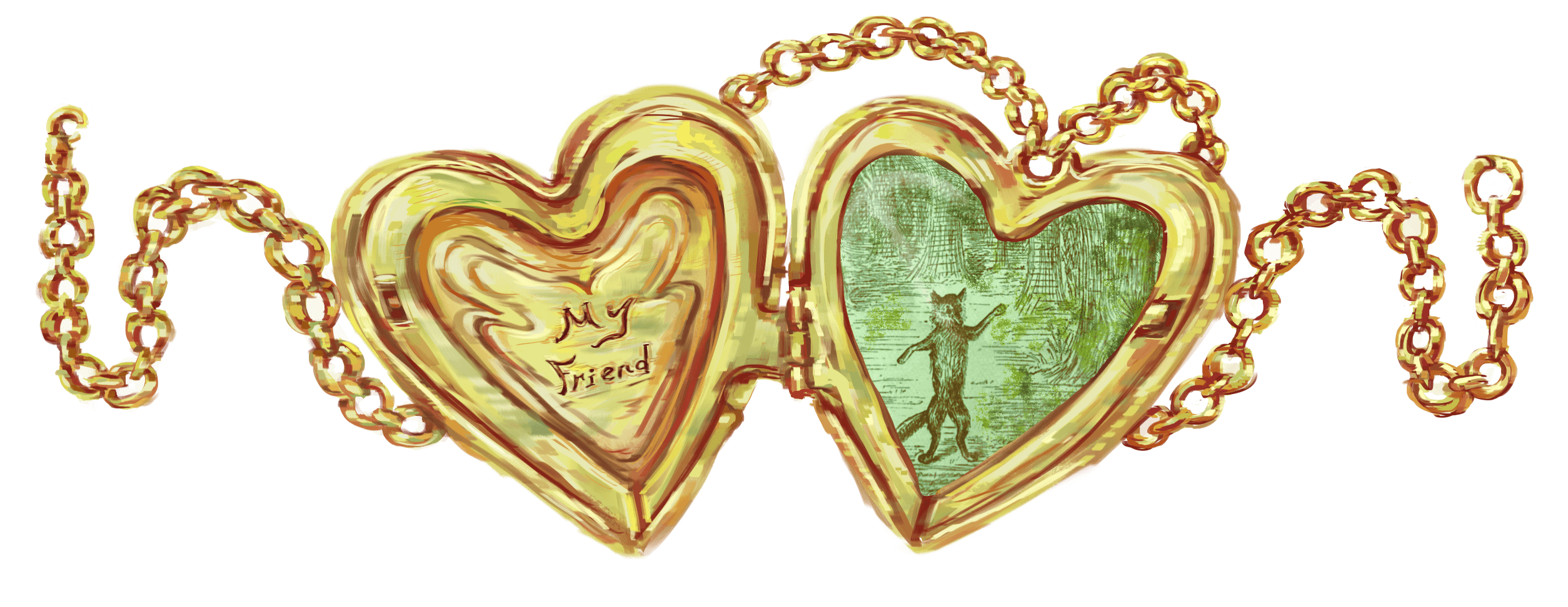 Timeskip border. Painting of a heart-shaped locket with a yellowish fox drawing inside. etchings inside the other face of the locket reads, 'my friend;'